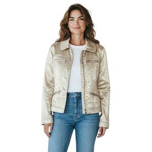 Chico’s Y2K Metallic Gold Utility Bomber Jacket Zip Front Glam Festival Small